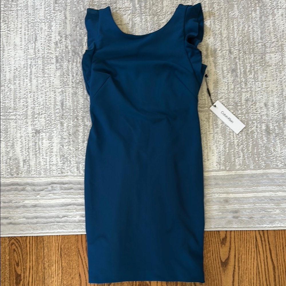 NWT Calvin Klein Blue Sheath Dress with Flutter Sleeves